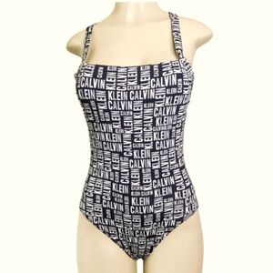 Calvin Klein Womens B/W Cross Back One-Piece Swimsuit w/ All Over Logo - Size 10